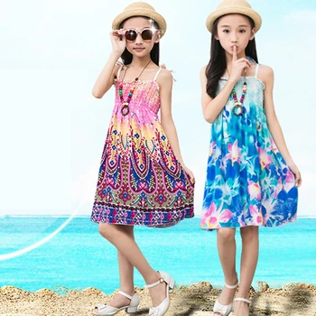 Плажни рокли за момичета, лятото богемное плажна принцеса рокля с флорални принтом и огърлица, подарък за момичета от 3 до 12 години, детски рокли