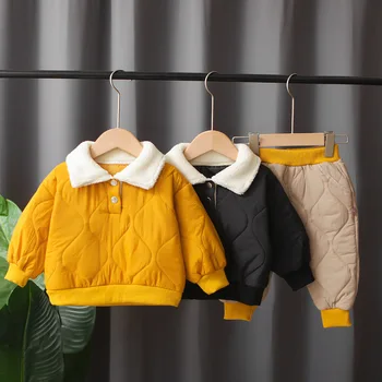 Зимни Топли гарнитури на облекло от памук, за детето, обикновен пуловер, стеганая яке с штанами, 2 бр., мек вълнен плат за костюм за деца 2023 г.