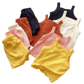 Най-новите летни костюми за малките момичета, дрехи с открити рамене, съкратен потници, къси панталони, костюми от 2 теми, комплекти, дрехи за бебета от 1 до 7 години