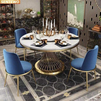 Луксозен дизайнерски кръгла маса за хранене от Мраморна плоча с маса за хранене и 8 стола de mesa jantar comedor stolik със златната основа от неръждаема стомана