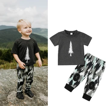 FOCUSNORM / комплекти дрехи от 2 теми за малко момче 0-24 м, ризи с къси ръкави и принтом дърво + ежедневни панталони с гора