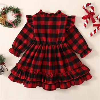 Коледна рокля в червената клетка с принтом за малки момичета, хубава рокля трапецовидна форма, с дълги ръкави и набори на копчета, на Коледно облекло