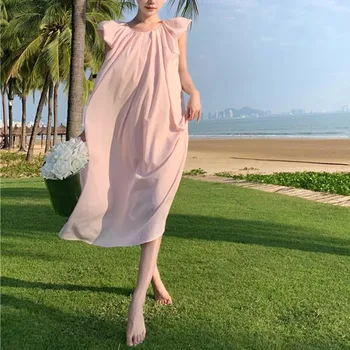 Розово-секси лятна рокля без ръкави с летящими ръкави, однотонное свободно пряко елегантна шифоновое рокля с кръгло деколте до средата на прасците