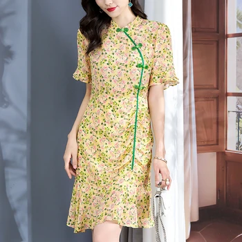 Женствена рокля Чонсам в китайски стил от 100% естествена коприна, летни елегантни реколта рокли за жени с цветни накъдрен, рокля Русалка, дебнещ