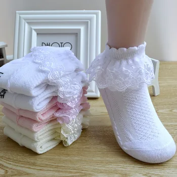 Летни детски чорапи, бели дантелени къси чорапи принцеса с рюшами за момичета, дишащи меш детски памучни чорапи до глезена