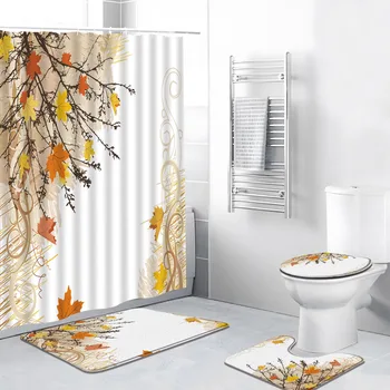 4 бр./компл. Пейзажи Завеса за душ есенни жълти Листа на дърветата с принтом кленов листа Декор за баня изтривалка за Баня, капак на тоалетната чиния