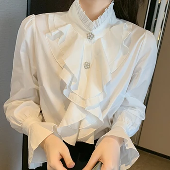 Дамски потник Дамски блузи, Ризи Риза с волани и дълги ръкави Топ Реколта свободна бяла риза жена с отворени шевове Femme 230A