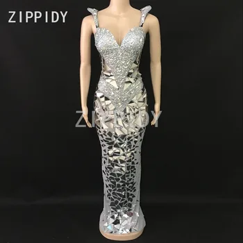 Блестящи сребърни кристали, сетчатое дълга рокля с пайети, женски костюм за рождения ден, певицата от нощния клуб, сексуална сценичното рокля