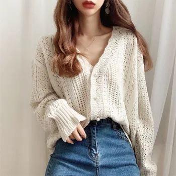 2023, пролет-есен, нови Сексуални свободни дамски пуловери с дълъг ръкав и V-образно деколте, жилетка, корейски, модни топове тънка тел, палто