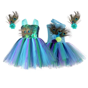 Cosplay-костюм принцеса Павлина за момичета, рокля-пакетче с цветен модел и пера за момичета, Празнична рокля за рожден Ден, Детски Летни Дрехи от 2 до 10 години