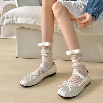 Модни обикновена чорапи на райета със сладко лък за жени, сладък прости студентски чорапи за момичета в студентски стил