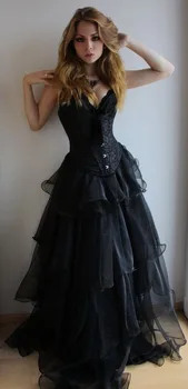 Дълги черни рокли с корсет в готически стил за бала 2016, корсетное рокля в стил steampunk с деколте сърце