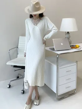 Нещо френско в корейски стил, красиво дантелено вязаное рокля в стил мозайка, женствена рокля-пуловер със средна дължина, Vestidos