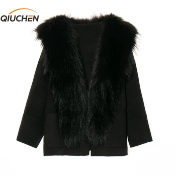 QIUCHEN PJ21045 Ново записване, дамско зимно кратко кашемировое палто с яка от естествена кожа на миеща мечка, мода модел