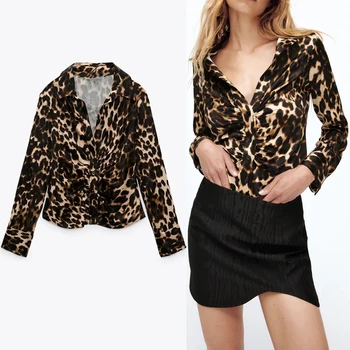 Блузи Za, дамски леопардовая риза с копчета, женски плиссированный съкратен топ с дълъг ръкав, Дамски есенни елегантни блузи с винтажным принтом
