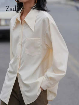 Zadily 2023, лятна дамски базова риза в минималистичном корейски стил с дълъг ръкав, дамски блуза копчета Оверсайз, Работна връхни дрехи