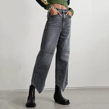Директни разкроена панталони с висока талия y2k, ретро, черно, сиво, нередовен, остри форми, дънки участък с девет точки, женски 2023 нови