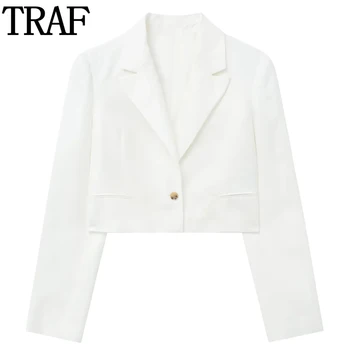 ТРАФИКА на White Blazer Woman 2023, съкратен синьо сако, дамски офис всеки ден елегантни дамски якета, пролетта на кратък сако с дълъг ръкав
