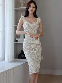 SMTHMA Ново модно секси лятна рокля на спагети презрамки свързани с деколте, секси елегантна бяла рокля с тънка талия и V-образно деколте дамски дрехи