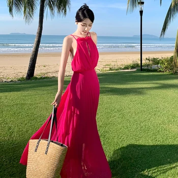 Gaodinglan Женствена рокля без ръкави, однотонное, за туризъм, релаксация, в спагети презрамки, розово-червено, сексуална Макси рокля с отворен гръб, лятна плажно Облекло