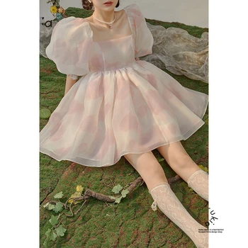 Розова рокля на френската принцеса в стил Лолита за момичета, сексуална малка бална рокля с пищни ръкави, страхотна вечерна рокля с квадратна яка, газово мини-пищни рокля