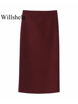 Willshela/ Дамски модни зимни однотонная пола миди с цип отстрани, с цепка отзад, реколта дамски елегантна пола с висока талия