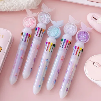 Креативен многоцветен, 10 цвята, скъпа химикалка химикалка с анимационни герои, канцеларски материали за студенти, детски малък свеж подарък в корейски стил