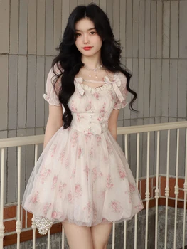 Плътно прилепнали рокли с флорални принтом Сладка Фея за жени, елегантен вечерен принт, френската жена на корейското модно сладка мини рокля, лято 2023, розово