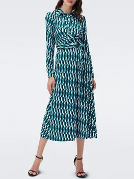 Секси елегантна дълга рокля-риза с геометричен принтом, модерен отложной яка, дамско однобортное френското рокля със средна дължина, с аромат на