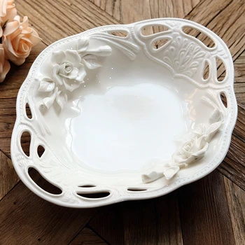 Керамична ръчно роза специална форма, реколта бели цветя, дълбока чиния, Малка/голяма чиния