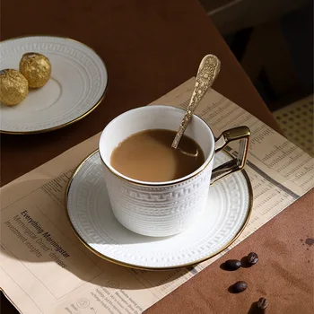 Колекция от керамични кафеени чаши и блюдец премиум-клас, висококачествен външен вид релефно модел в златна рамка, послеобеденная чаена чаша в европейски стил