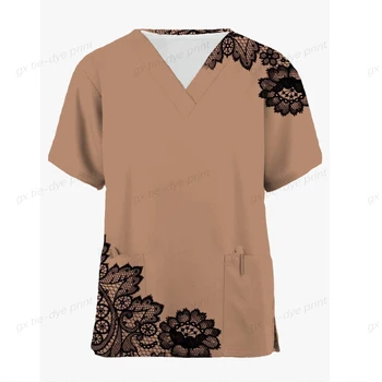 Дамски униформи на медицински сестри, работни дрехи с къс ръкав и V-образно деколте, 3D цветен принт, работни униформи, дамски ежедневни медицински блуза за медицински сестри от полиестер