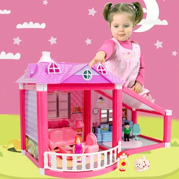 Детски фамилна куклена къща ръчно изработени, ролева игра, в замък на принцеси, направи си сам, събери вила, куклен дом с миниатюрни мебели, Играчки, подаръци