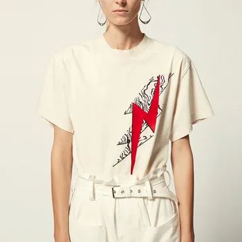 Новост 2020 г., женска тениска с кръгло деколте и шарките на мълния, дамски блузи с къс ръкав, ежедневни свободна памучен тениска