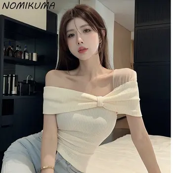 Дамски секси тениска Nomikuma с открити рамене, без презрамки, с лък, приталенная, лятна новост 2023 година, корейската мода елегантни ризи с графичен дизайн