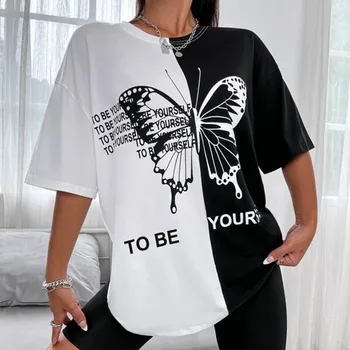 Дамски елегантни горната риза с принтом пеперуда, през цялата деколте, къс ръкав, свободна горна риза, дамски летни тениски, потници за плуване, голяма риза