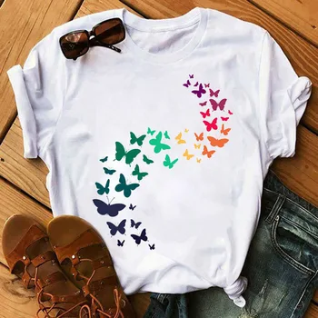 Женска Тениска, тениска с принтом разноцветни пеперуди, ежедневни блузи в стил харадзюку, женска тениска с къс ръкав и модел за момичета на 90-те години, тениска