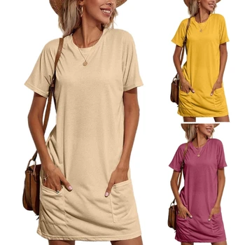 Жена ежедневното свободно рокля-риза миди с къс ръкав и кръгло деколте, летни обикновена рокля с джобове, градинска облекло N7YD