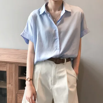 Лятна бельо риза с къс ръкав за момичета, женска риза с яка и ревери на копчета, синьо-бяла модерна градинска дрехи, тънка лека офис облекло