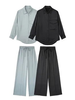 Комплекти от 2 теми, дамски дрехи, Ежедневни панталони, Комплекти за 2022, Риза оверсайз и еластични панталони с висока талия на експозиции, сатенени комплекти за тон