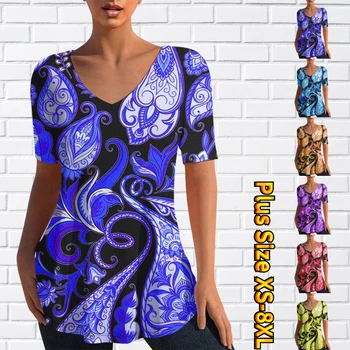 Жена Секси Топ, Летен Топ с V-образно деколте, Ежедневни Модна Тенденция тениска с къс ръкав, с Нов дизайн, Пуловер С принтом, Свободна дълга тениска