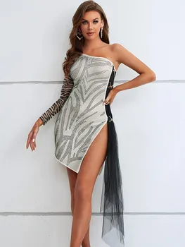 Ново Дамско Лятото 2023 Секси мини бандажное рокля с леопардовой мрежа и на веригата в ивица с един ръкав, Елегантна вечерна рокля за парти в клуб