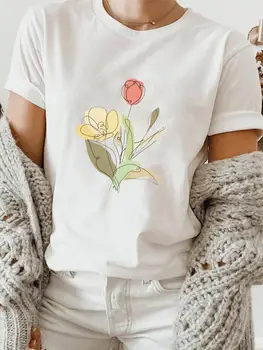 Дамски дрехи с акварельным цветисти принтом и сладък принтом с къс ръкав, лятна пролетно облекло, модна тениска с принтом, тениски с графичен дизайн