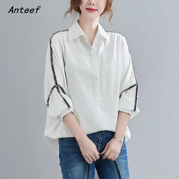 Бяла реколта блуза с дълъг ръкав, ежедневни свободни пролетно-есенни блузи, дамски блузи 2021, риза с копчета, дрехи