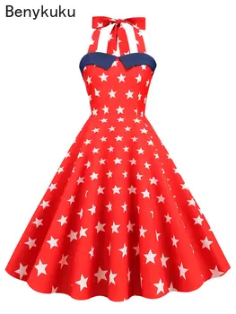 Халат за баня с бретельками на шията и принтом звезди на 50-те години, секси лятна рокля с отворен гръб, женствена рокля 2023, червено, синьо, дамски празнична реколта дрехи