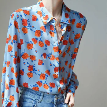 2023 Риза с дълъг ръкав с принтом, дамски топ, Нова Свободна дамски дрехи големи размери, шифоновые блузи, дамски блузи с цветни копчета