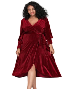 Плюс Размер, елегантен пролет-есен бархатное рокля миди с дълъг ръкав и мирис, секси вечерна рокля вино-червено, с вратовръзка, на кръста и V-образно деколте, Коледна рокля 8XL