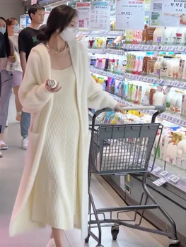 Корейски Нежна вязаный жилетка с качулка, палта, Секси бяла рокля, есенен костюм 2022, Ново елегантна рокля, топло дамски дрехи от 2 теми