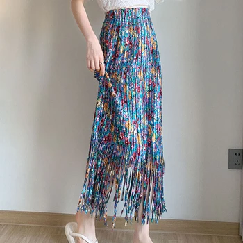 Плисирана пола с принтом в стил ретро, дамски дълги поли с цветен модел и пискюли