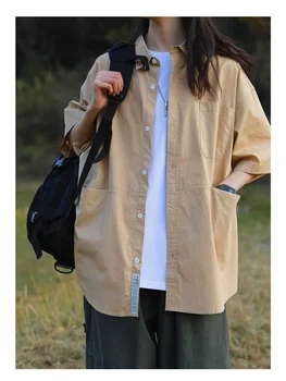 ХУЧЖОУ Харадзюку, хипи, основни ризи-карго цвят Каки, дамски градинска облекло и интериор в японски Стил, обикновена блузи Оверсайз с къс ръкав, реколта